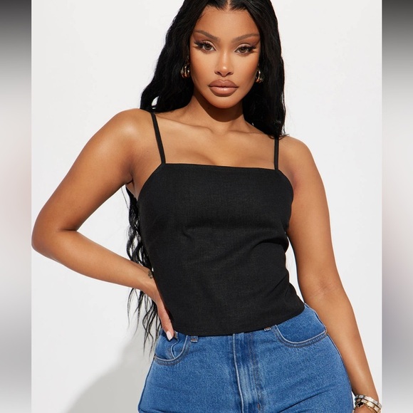 Fashion Nova Karren Linen Blend Black Cami Crop Top - Picture 1 of 3